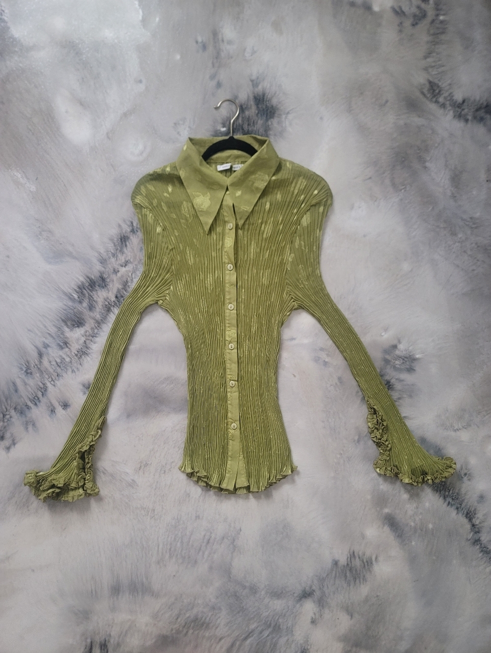 Pleated Button-Front Women's Shirt in Olive Green